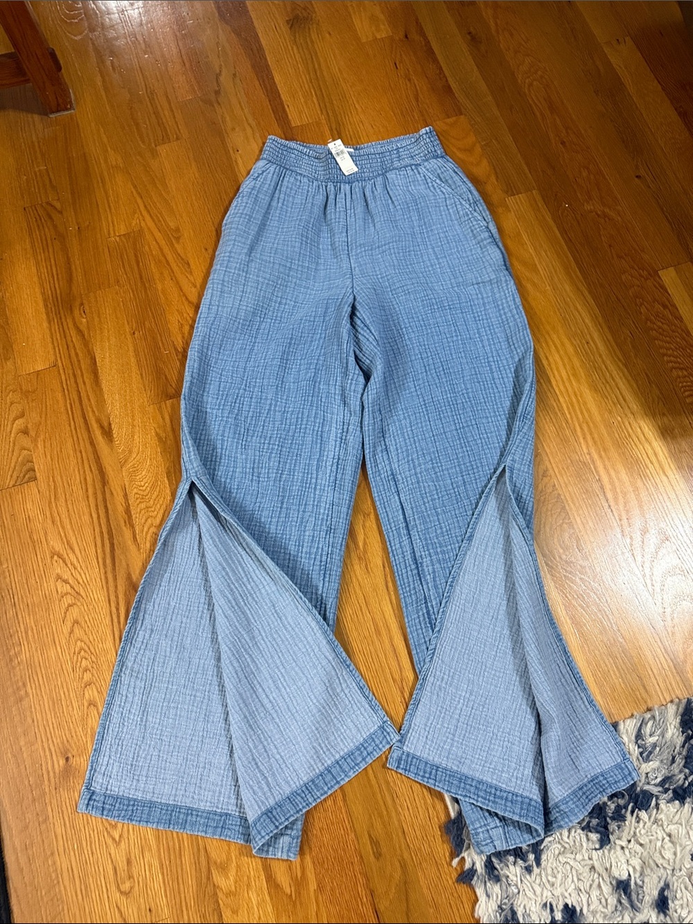 aerie Light Blue Textured Flare Pants with Side Slits